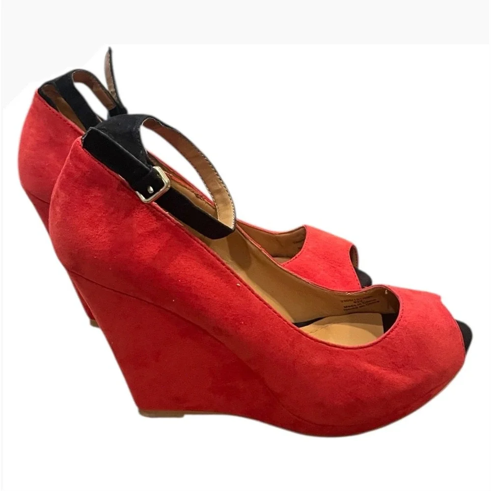 ZARA Collection Red Suede‎ Peep Toe Ankle Strap Wedge Heels Women Size 36